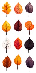 Obraz premium Flat design vector autumn leaves icon set simple shapes and solid colors orange yellow and brown tones modern and clean aesthetic