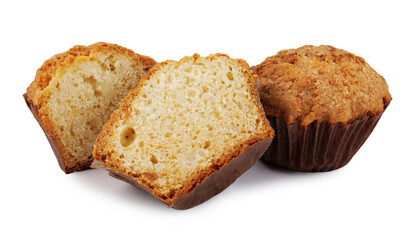 Whole and half muffin isolated on white background.