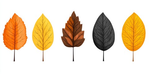 Flat design vector autumn leaves icon set simple shapes and solid colors orange yellow and brown tones modern and clean aesthetic