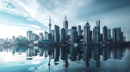 A financial district skyline with futuristic architecture.