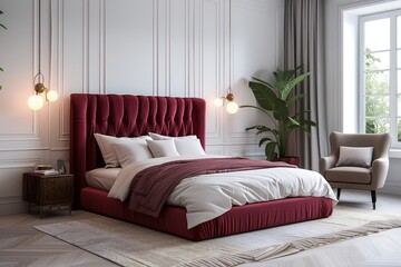 Modern bedroom with dark red velvet headboard, white wall paneling, beige carpet, light gray tiles, armchair, large window, soft lighting, green plant, and high-resolution 3D rendering.