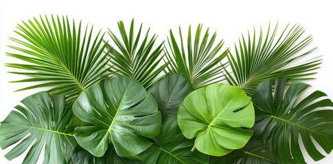 Lush Green Tropical Leaves on White Background
