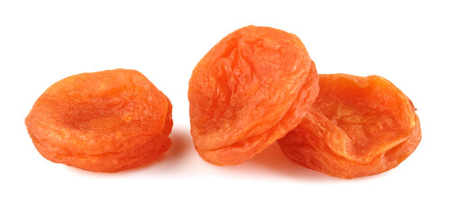 Three dried apricots isolated on a white background. Dried apricots.