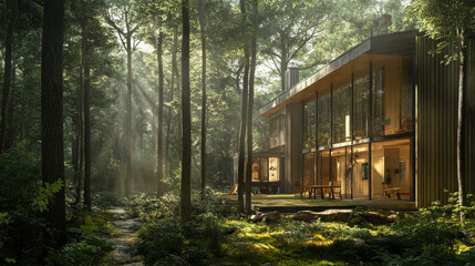 Fototapeta premium Photorealistic view of a forest retreat with towering windows, the home almost invisible