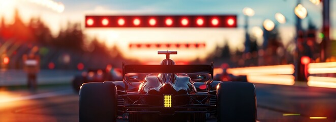 Racing car at start line under sunset lights