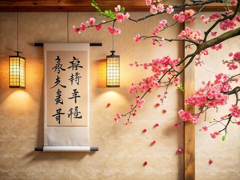 Vibrant cherry blossom branches and intricate kanji characters adorn a traditional Japanese scroll, suspended beautifully on a cream-colored wall, evoking serenity and cultural elegance.