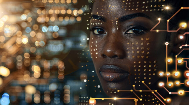 A woman's face is projected onto a computer screen