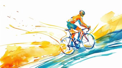 A vibrant watercolor illustration of a cyclist racing through a colorful landscape, showcasing energy and motion.