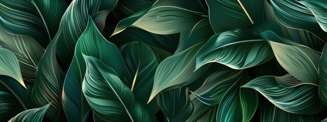 Stylishly designed abstract leaves. The leaves are drawn in shades of dark green, creating a luxurious and elegant feel.