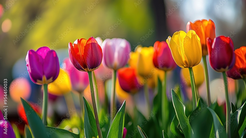 Wall mural Colorful Tulips in a Spring Garden