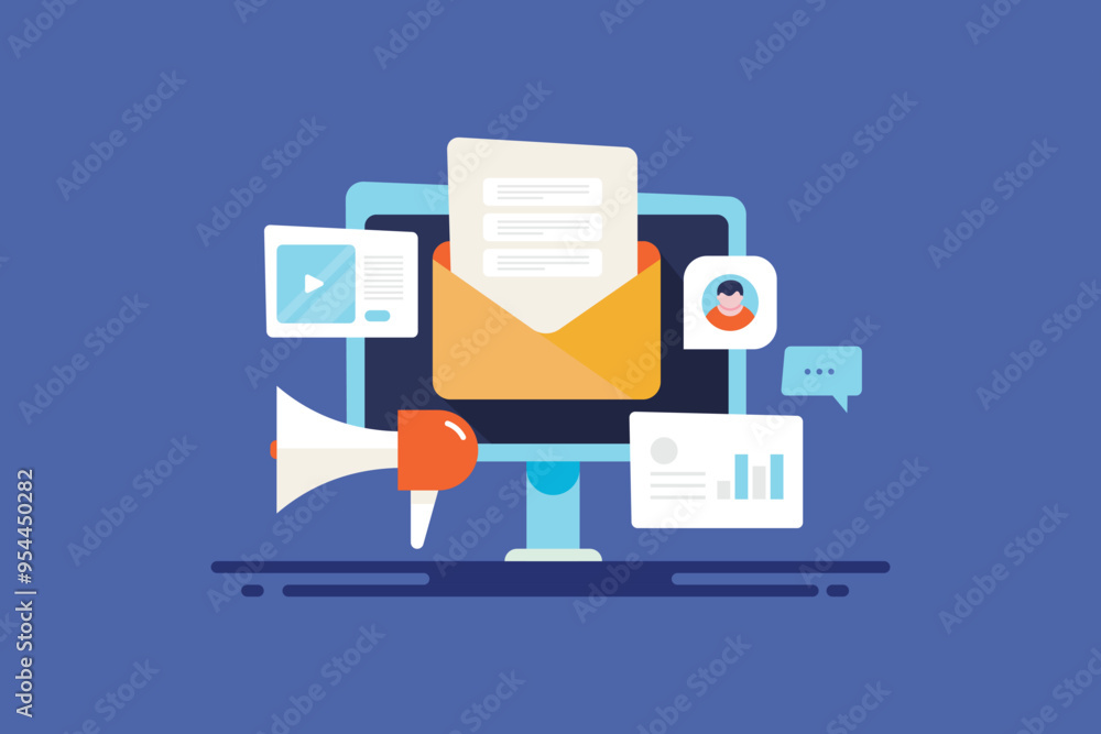 Poster email marketing and newsletter promotion, digital message delivery to subscriber on desktop computer