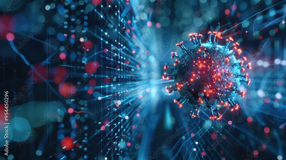 Poster abstract visualization of a virus in a digital space, showcasing interconnected data points and vibr