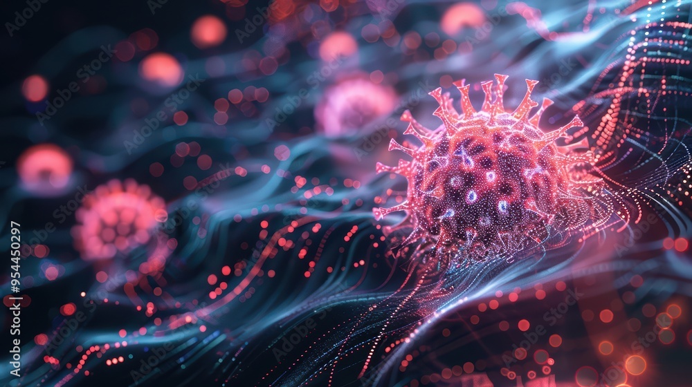 Poster abstract visualization of a virus showcasing vibrant colors and flowing patterns, representing the c