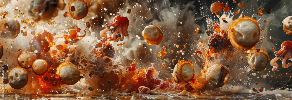 Poster an explosive scene capturing the dynamic chaos of vibrant elements colliding and creating a mesmeriz