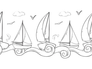Ships sailing boat yacht vector graphic seamless banner. Various water transport on repeating texture of curly waves black and white outline. Sailing ships birds fish endless monochrome background