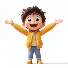 Cheerful animated boy with open arms wearing a yellow jacket, blue jeans, and sneakers. White background.