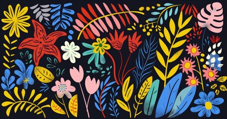 A vibrant floral pattern featuring various colorful flowers and leaves on a dark background.