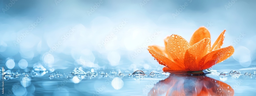 Wall mural  An orange bloom drifting above a mirror-like water surface, with dewdrops on its petal bases