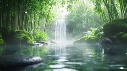 Tranquil Pool with Waterfall and Lush Bamboo Forest