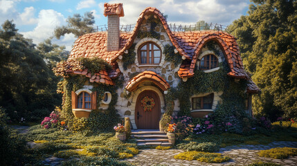 A fairy-tale house with unique architecture, covered in ivy, with a tiled roof and stone walls. Surrounded by flowers and greenery, it looks cozy and inviting