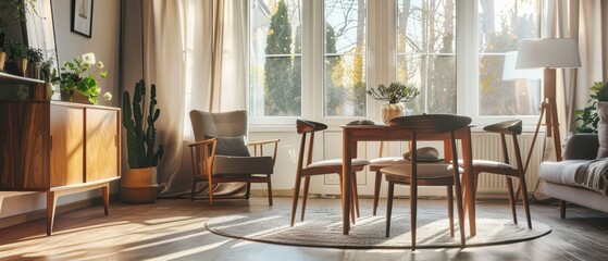 Bright and inviting living room with modern furniture, plants, and natural light streaming through large windows.