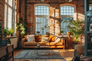 Bright living room featuring cozy sofa, large windows, and lush plants, creating a warm and inviting atmosphere.
