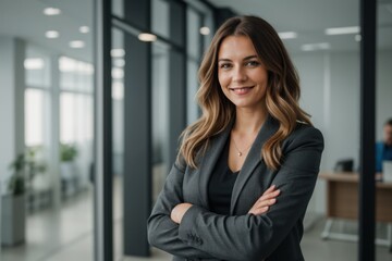 Assured woman smiling, arms crossed in modern corporate setting 