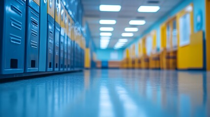 Fototapeta premium a hallway with yellow and blue lockers