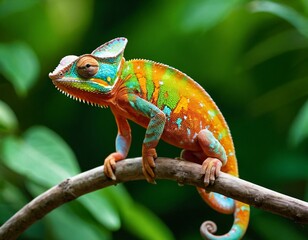 Fototapeta premium Colorful Chameleon Perched On Branch In Tropical Forest. Ai generated image