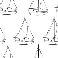 Sailing ship black and white vector graphic seamless pattern isolated. Sailboat, vessel, sea transport monochrome hand drawn repeating background. Childish nautical line art for boys, textile.