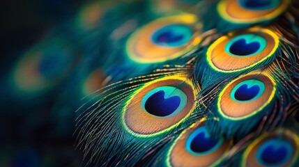 Naklejka premium Close-up of stunning peacock feathers displaying vibrant and iridescent colors, showcasing the beauty and intricate patterns of nature.
