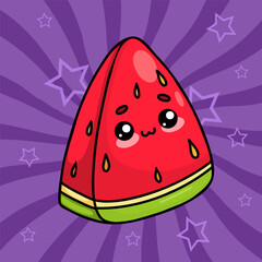 Cute watermelon slice. Cartoon funny kawaii fruit character. Vector illustration