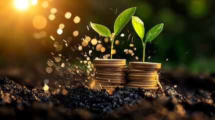 Close-up of two small plants growing from stacked coins in soil, symbolizing growth, investment, and sustainability under sunlight.