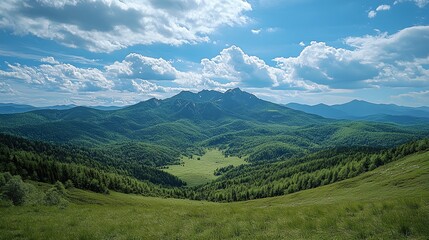 Obraz premium a view of a valley with mountains in the background