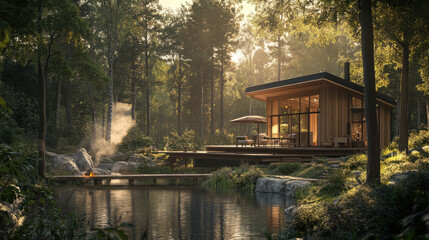 Obraz premium Photorealistic view of a sustainable cabin in the woods, with a natural spring nearby and