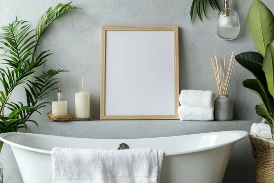 a small blank picture frame above a bathtub in a modern bathroom - poster / art mockup template
