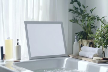 a small blank picture frame above a bathtub in a modern bathroom - poster / art mockup template