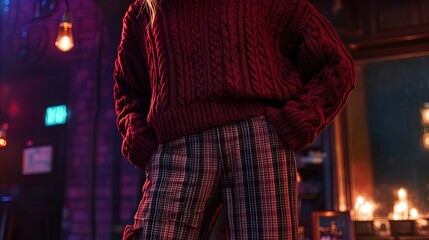 Embrace Grunge Style: Deep Burgundy Sweater with Oversized Cable Patterns and Plaid Pants - Perfect as a Poster for an Edgy Sports Interior!