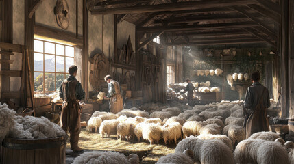 Photorealistic view of shepherds tending to their flock in a well-organized, sustainable