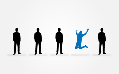 Man jumping from a crowd, jumping person from a group, person different from a group, man jumping