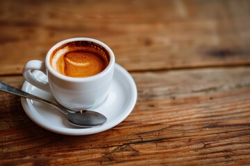 Freshly brewed espresso in a white cup on a wooden table, perfect for coffee lovers seeking a rich flavor experience.