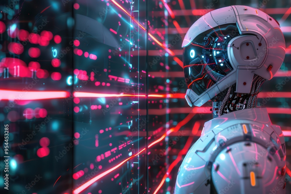 Poster futuristic robot stands against a backdrop of neon lights and digital data, showcasing advanced tech