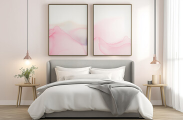 A modern bedroom with light pink and white walls, two vertical frames on the wall above the bed, a pink abstract painting in the frames, a wooden floor