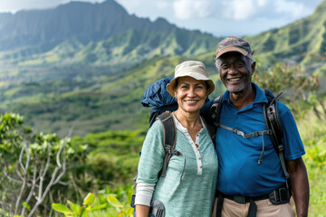 Two happy middle-aged multiracial couple hiking together on a lush, scenic trail with vibrant greenery and mountains in the background. Family enjoying nature and each other's company