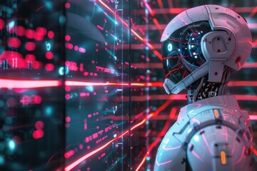 Futuristic robot stands against a backdrop of neon lights and digital data, showcasing advanced technology and innovation.