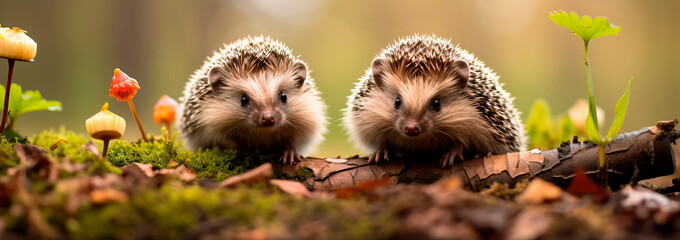 Obraz premium Little hedgehogs go for walks in the spring in search of food. Generative AI