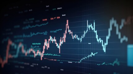 Fototapeta premium Bright stock market charts with financial data on navy blue background 