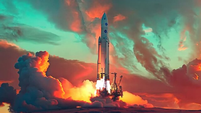 A rocket is launching into the sky with a colorful background