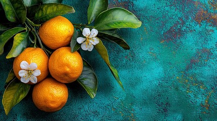   Oranges stacked on a blue surface with leaves and flowers