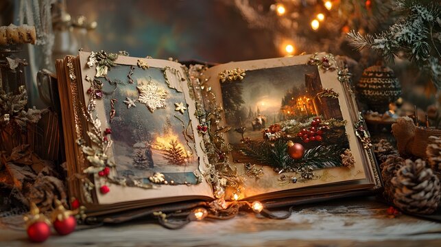 A memory book with a collage of holiday photos and decorative embellishments, gentle, ambient lighting highlighting the personal touches, artistic and festive atmosphere
